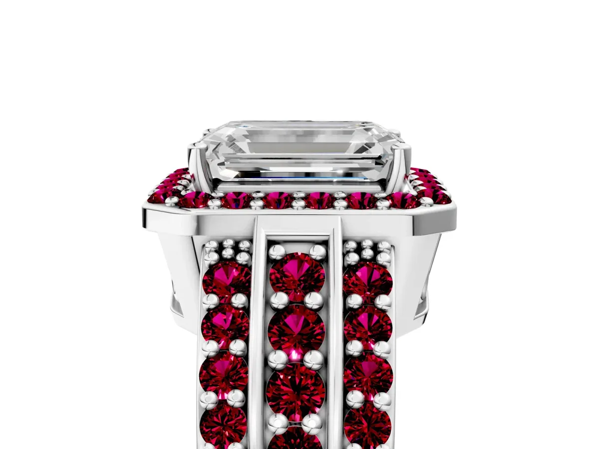 Emerald Cut Halo Diamond Ring with Round Garnet Split Shank and Prong Setting White gold
