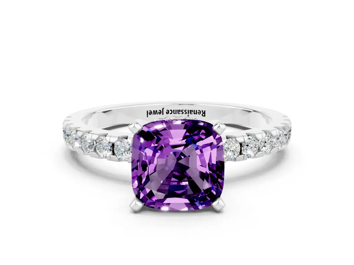 Cushion Cut Amethyst Solitaire Ring with Round Pavé Band and Four-Prong Setting Silver