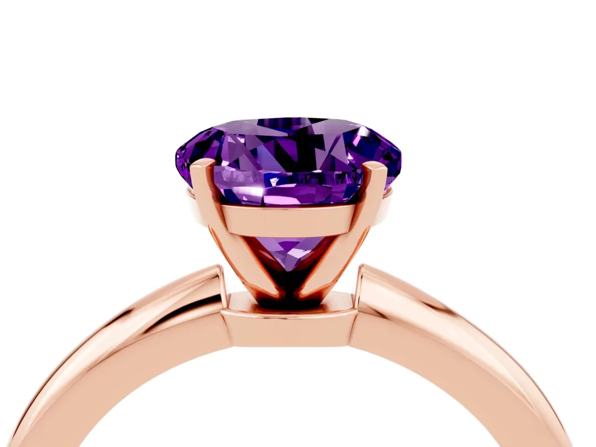 Round Cut Amethyst Solitaire Ring with Six-Prong Setting and Classic Band Rose gold