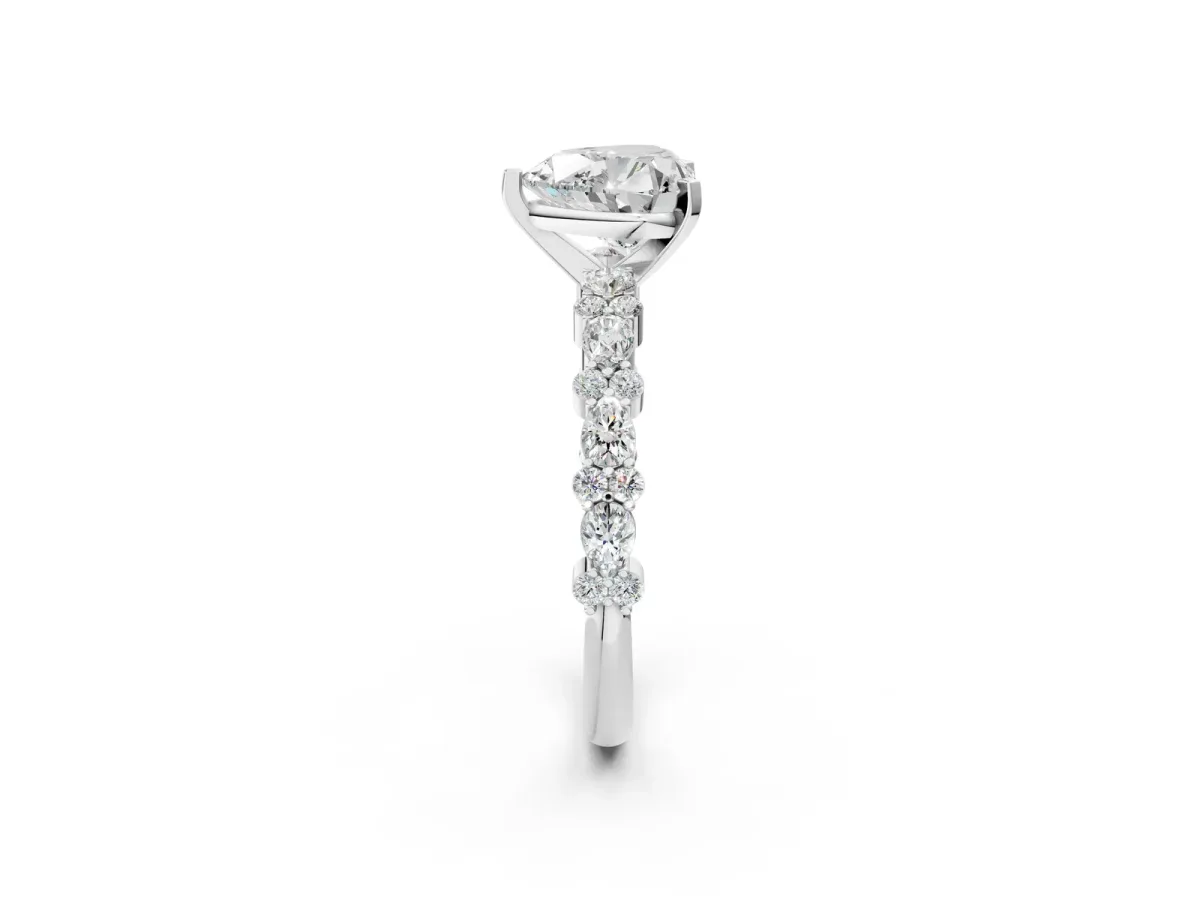Heart Cut Diamond Side Stone Solitaire Ring with Round Moissanite and Four-Prong Setting Platinum
