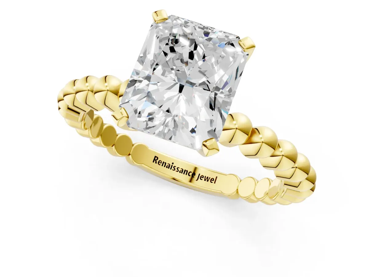 Radiant Cut Diamond Solitaire Ring with Beaded Band and Prong Setting Yellow gold