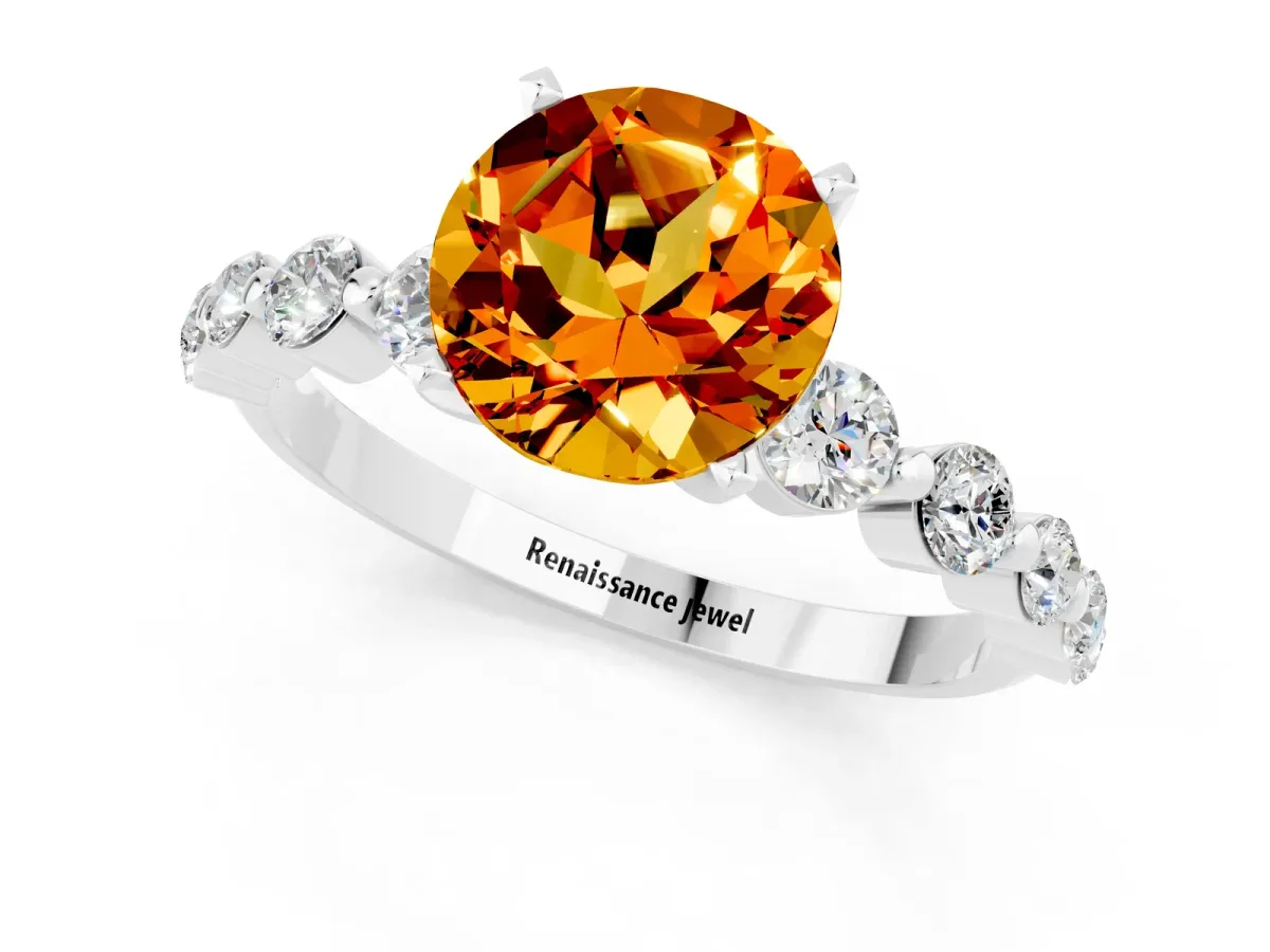 Round Cut Solitaire Citrine Ring with Pave Band and Four-Prong Setting Platinum