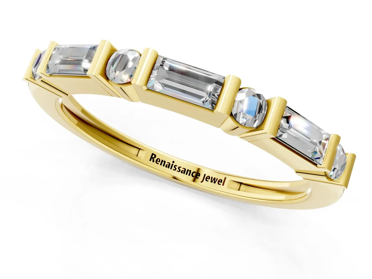 Baguette and Round Diamond Channel Set Half Eternity Band with Bar Prong Setting Yellow gold