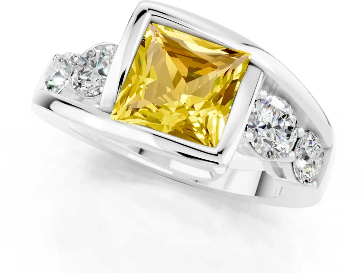 Bezel Set Princess Cut Yellow Sapphire Bypass Ring with Round Accents Silver