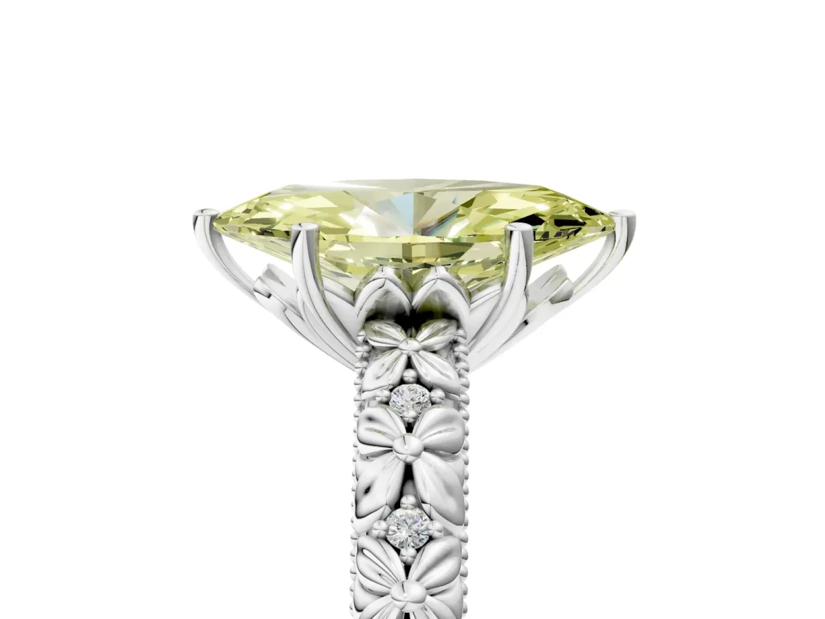 Fancy Yellow Marquise Cut Solitaire Floral Milgrain Engagement Ring Platinum