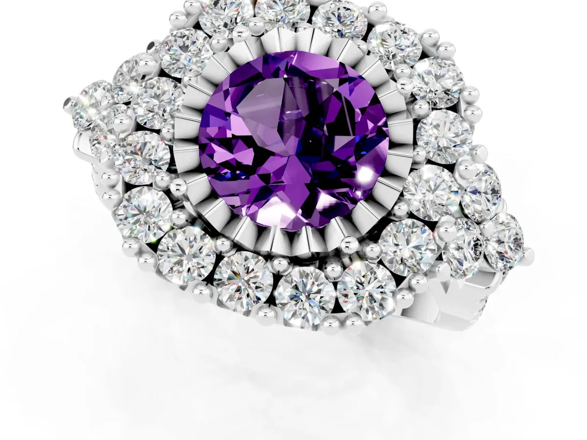 Round Cut Amethyst Halo Ring with Pavé Band and Four-Prong Setting Silver