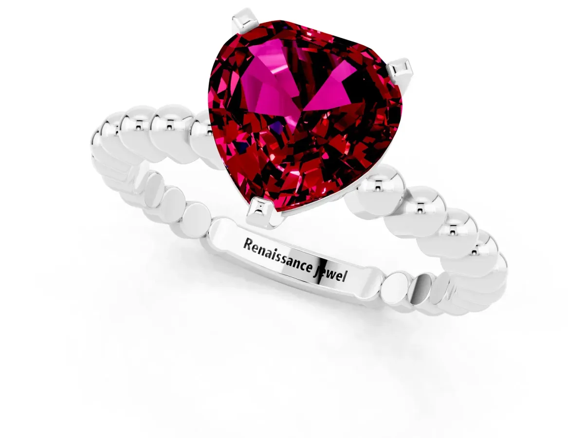 Heart Cut Garnet Solitaire Ring with Beaded Band and Prong Setting Silver