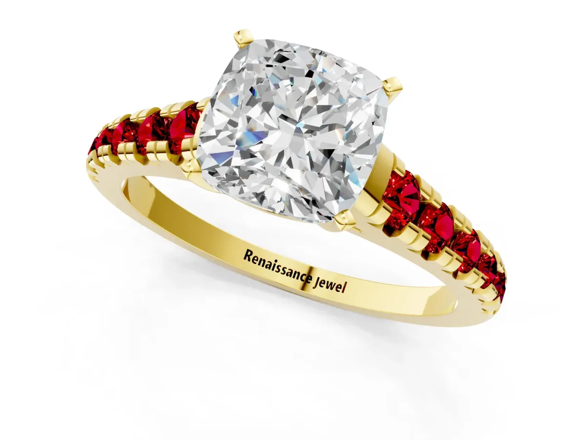 Cushion Cut Diamond Cathedral Solitaire Ring with Round Ruby Pavé Band Yellow gold