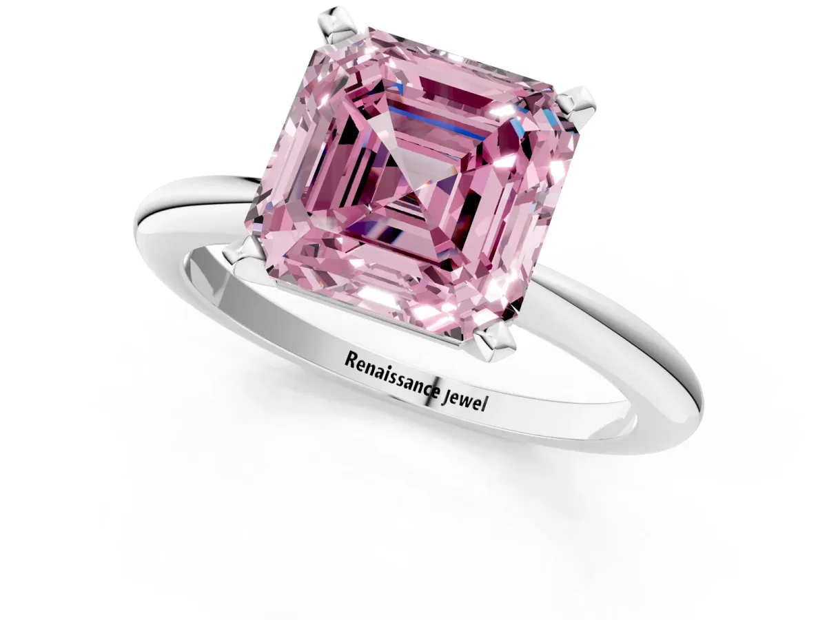 Fancy Pink Asscher Cut Diamond Solitaire Ring with Six-Prong Setting and Classic Band Silver