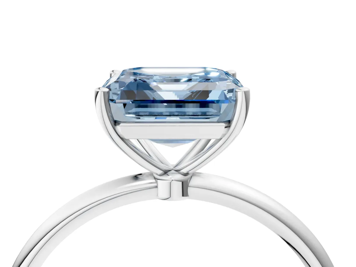 Fancy Blue Asscher Cut Cut Solitaire Engagement Ring with Thin Band and Four-Prong Setting Platinum