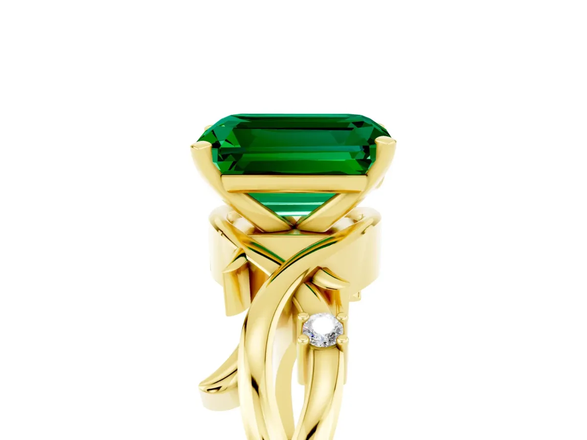 Emerald Cut Emerald Solitaire Ring with Twisted Band and Prong Setting Yellow gold