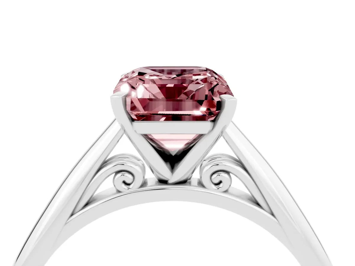 Emerald Cut Morganite Solitaire Engagement Ring with Cathedral Setting and Four-Prong Mount White gold