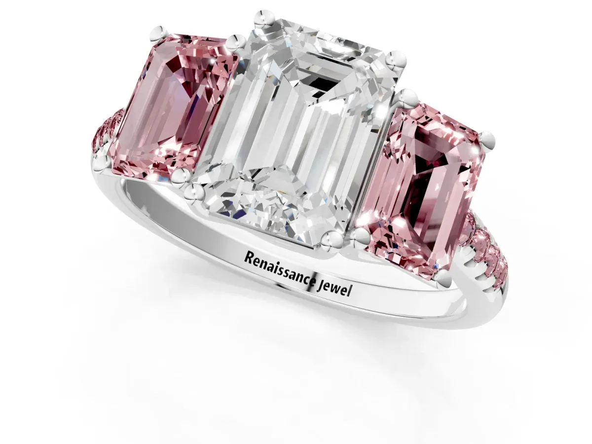 Three-Stone Emerald Cut Diamond Ring with Round Morganite Pavé Band and Prong Setting Silver