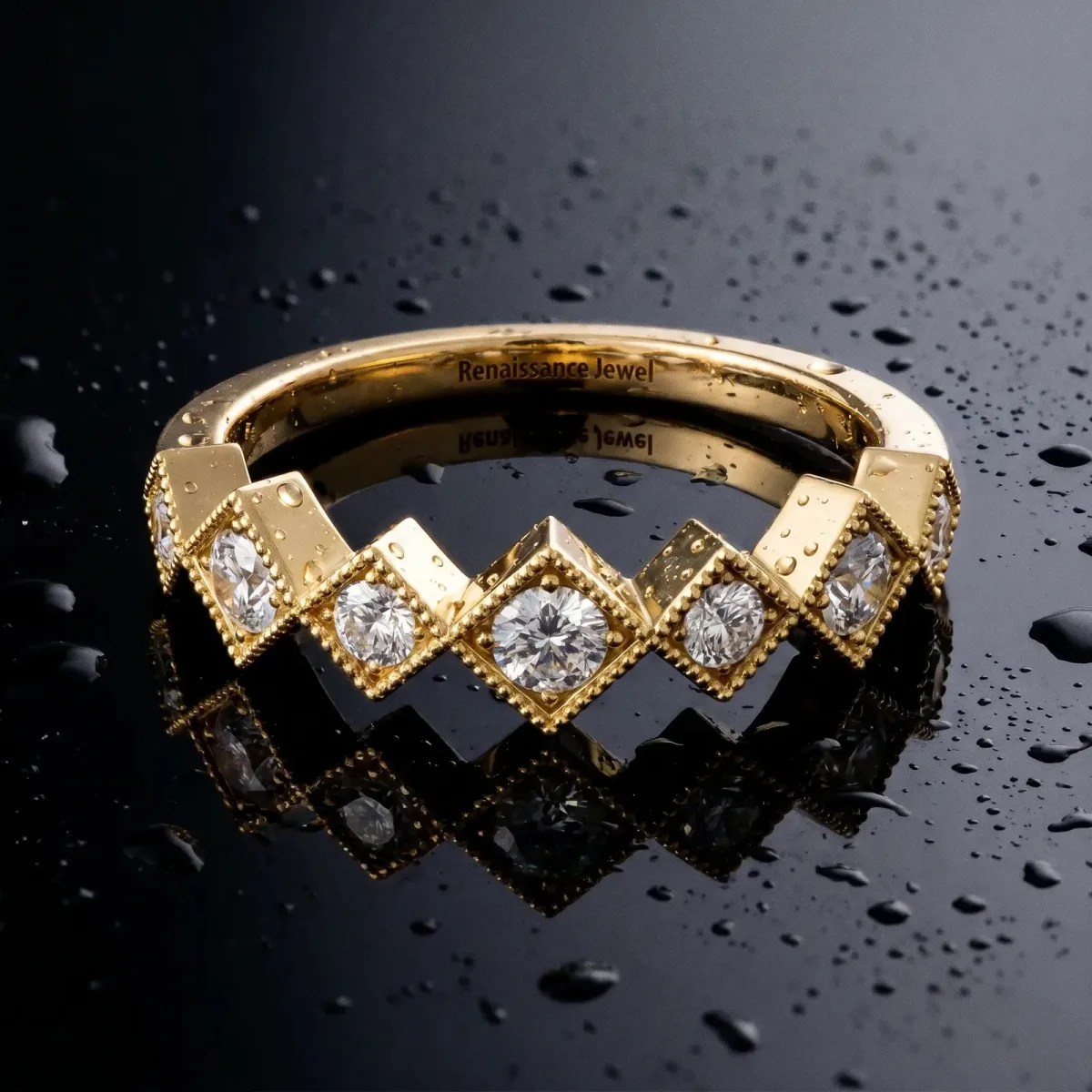 Milgrain Square Bezel Round Diamond Chevron Band Yellow gold
