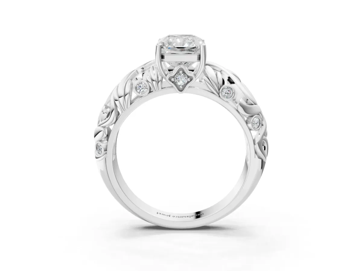 Radiant Cut Solitaire Diamond Leaf-Inspired Vine Band Ring with Prong Setting Platinum