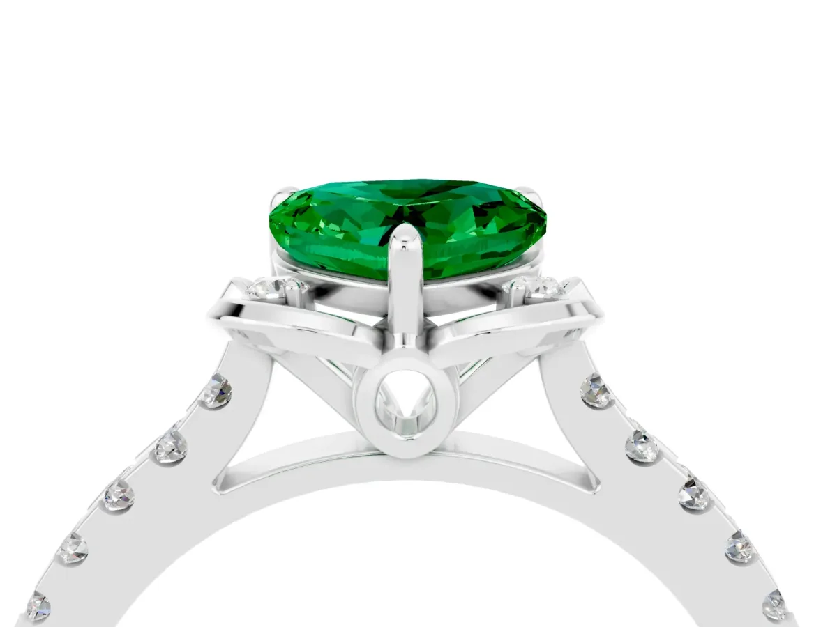 Heart Cut Emerald Ring with Pavé Band and Floral Prong Setting Silver