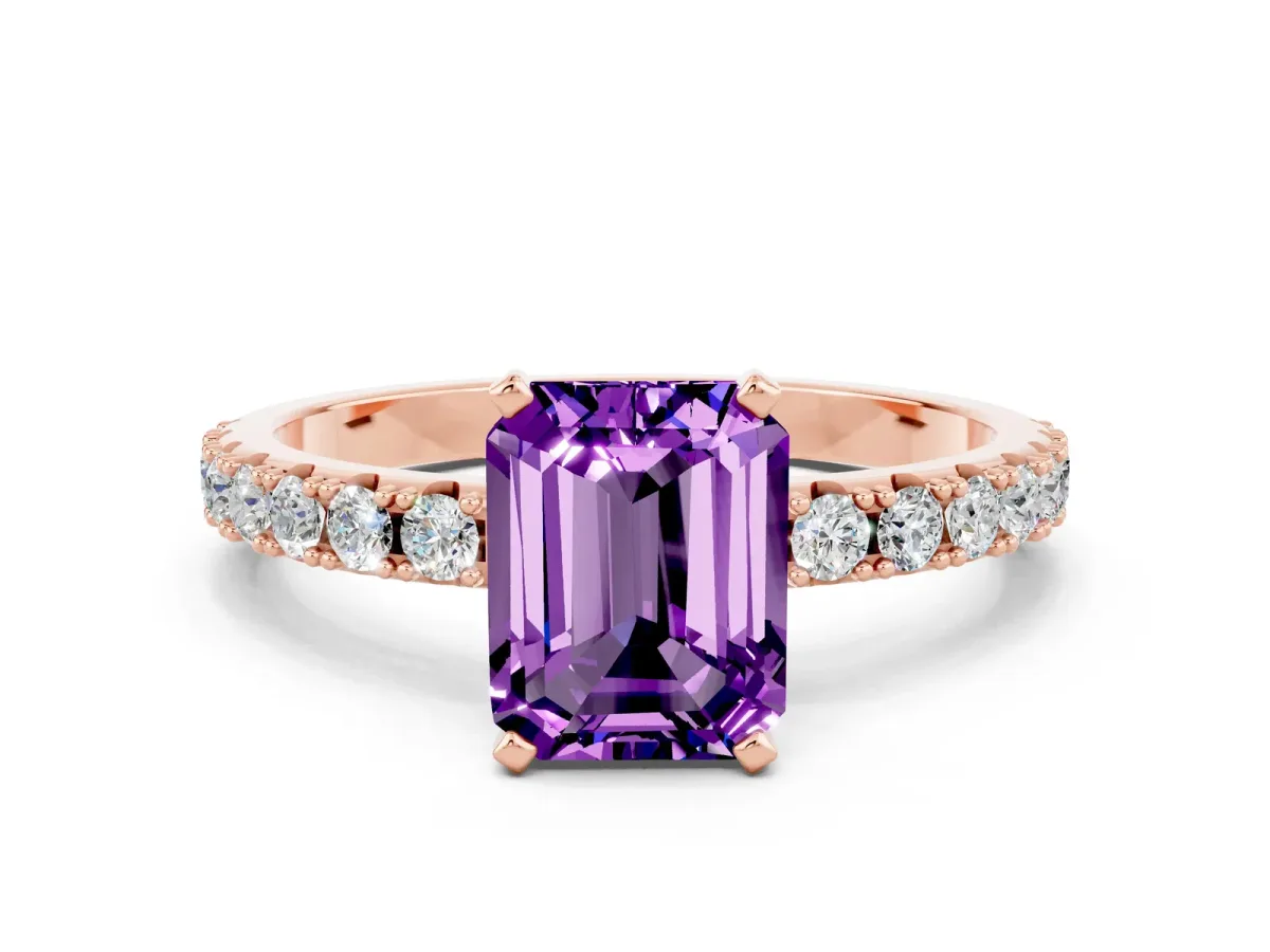 Emerald Cut Amethyst Solitaire Pavé Band with Four-Prong Setting Rose gold