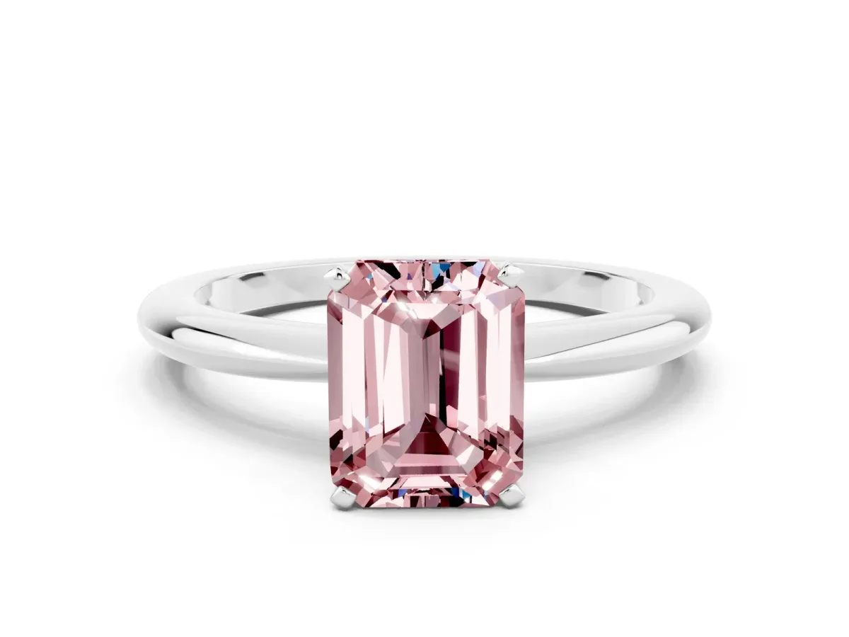 Emerald Cut Morganite Solitaire Ring with Six-Prong Setting and Classic Band Platinum