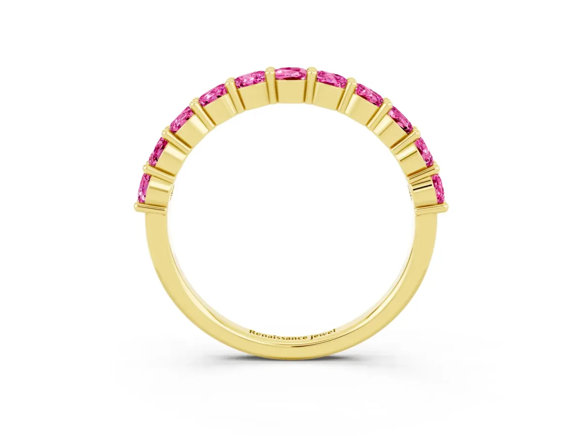 Round Pink Sapphire Half Eternity Band with Prong Setting Yellow gold