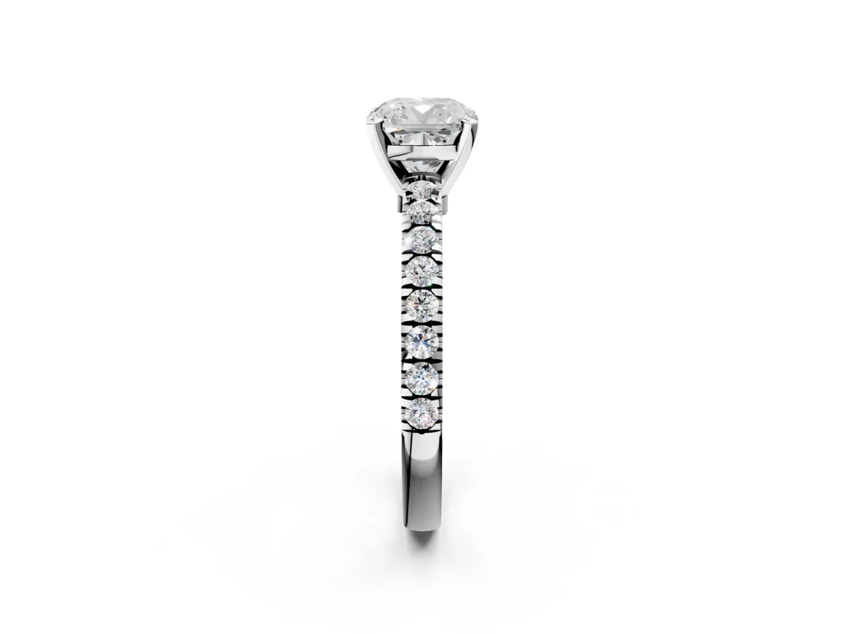 Cushion Cut Solitaire Diamond with Pavé Band and Four-Prong Setting Silver