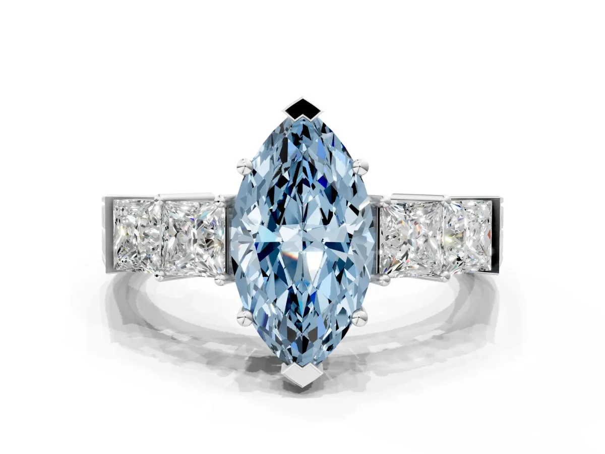 Fancy Blue Marquise Cut Solitaire Princess Side Stone Engraved Band Prong Setting Ring Silver