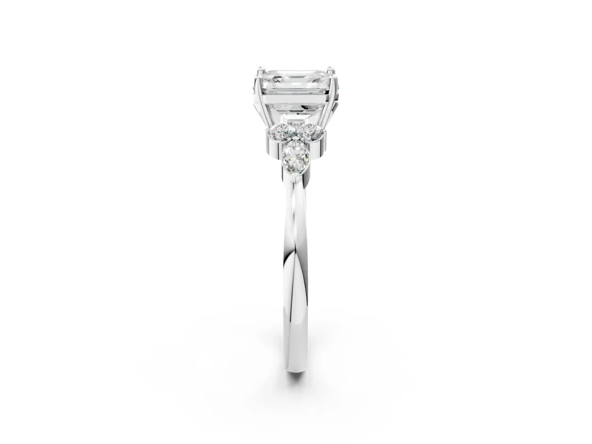 Asscher Cut Brilliant Diamond Solitaire Ring with Pear Side Stones and Four-Prong Setting Platinum