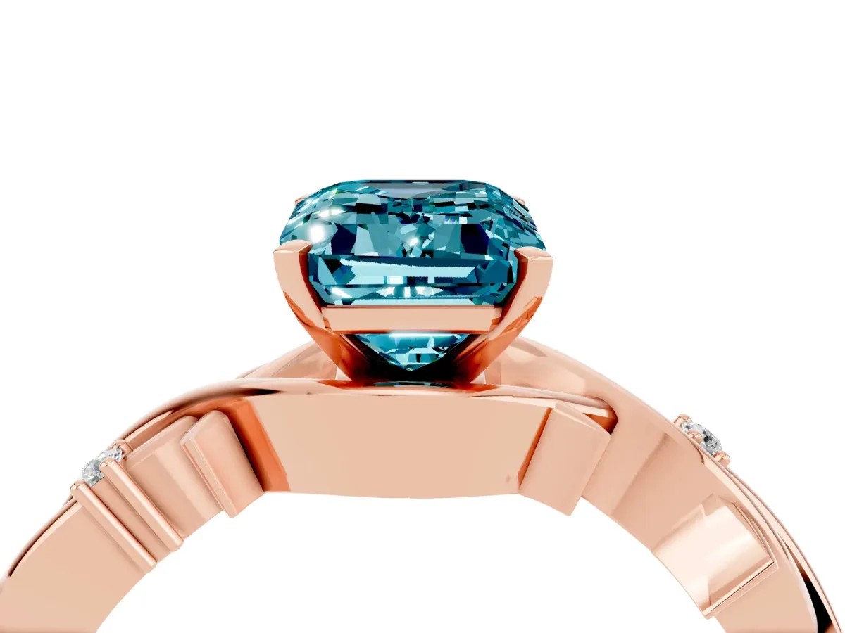 Emerald Cut Blue Topaz Solitaire Ring with Twisted Band and Prong Setting Rose gold