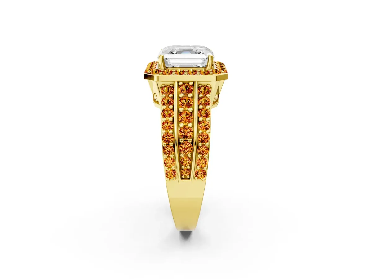 Asscher Cut Halo Diamond Ring with Round Citrine Split Shank and Prong Setting Yellow gold