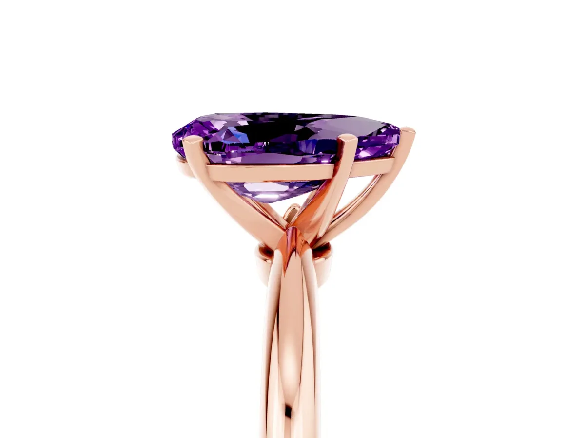 Pear Cut Amethyst Solitaire Ring with Six-Prong Setting and Classic Band Rose gold