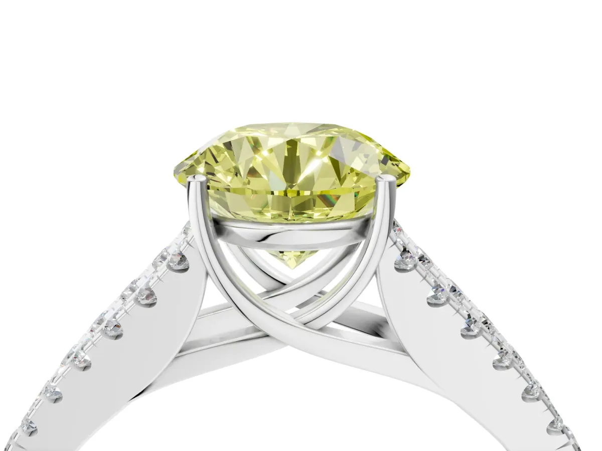 Fancy Yellow Round Cut Diamond Split Shank Engagement Ring with Round Pavé and Prong Setting Platinum