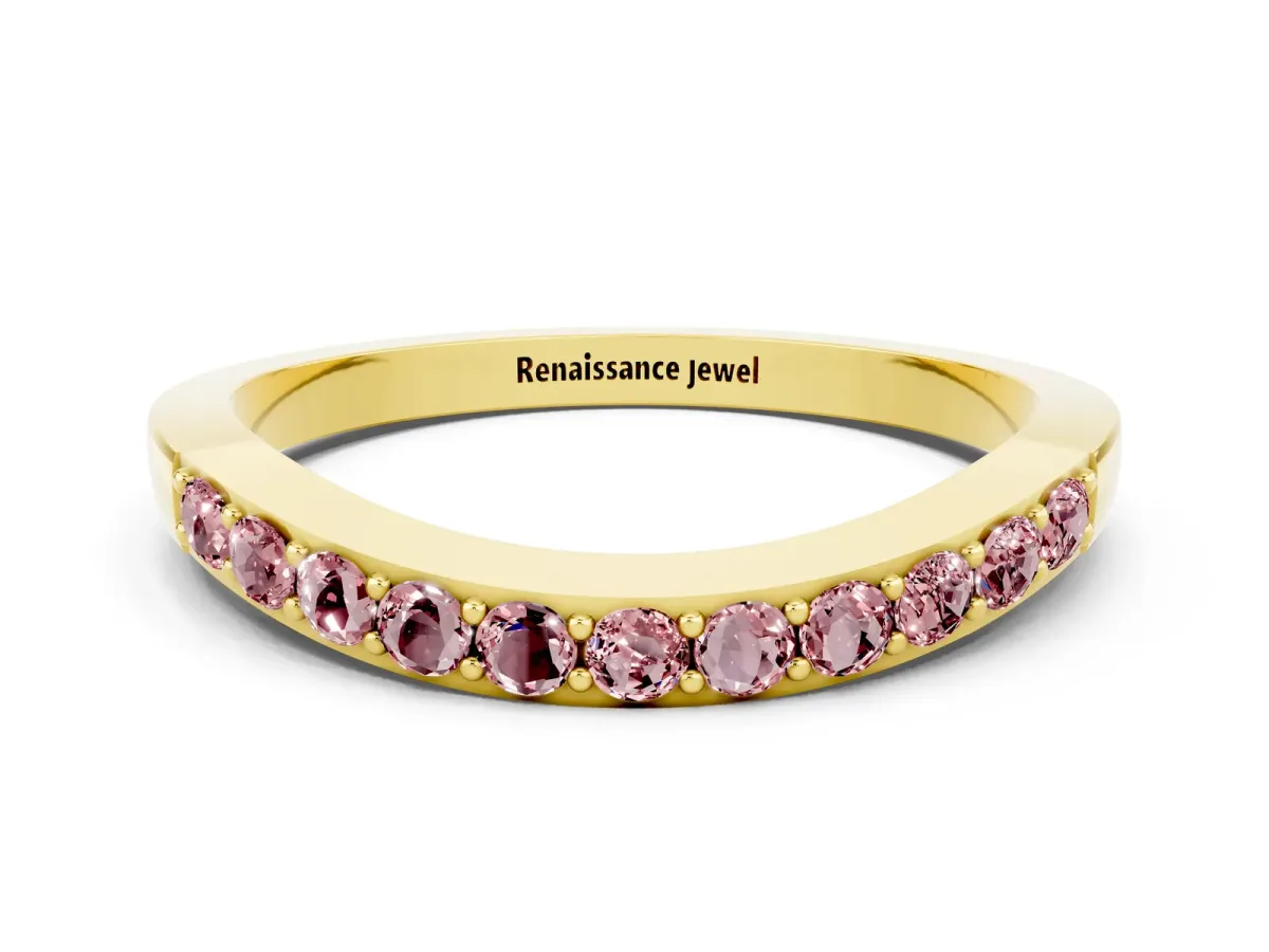 Round Morganite Curved Wedding Band with Channel Setting Yellow gold
