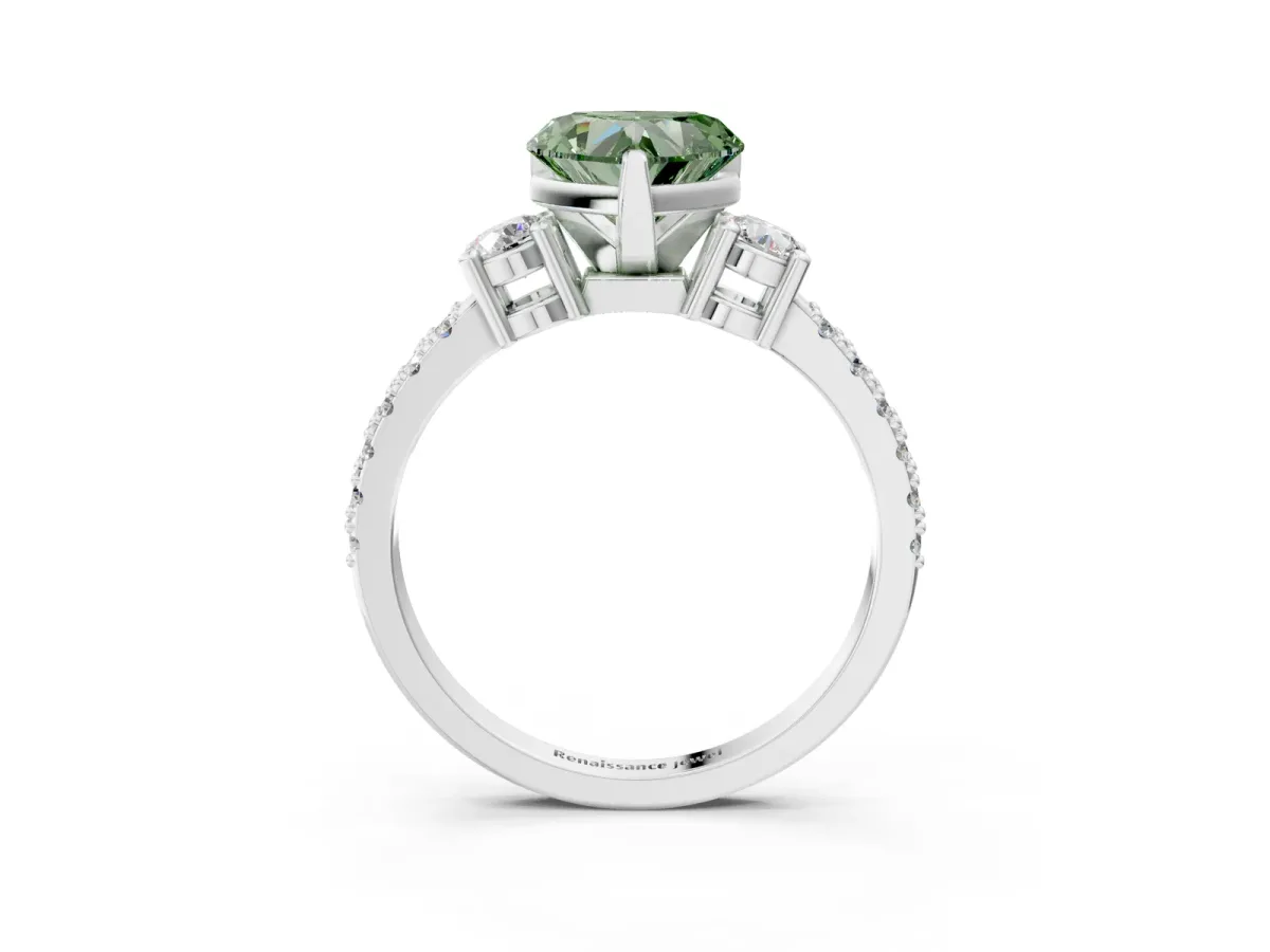 Fancy Green Heart Cut Cut Three-Stone Diamond Pavé Band with Prong Setting Platinum