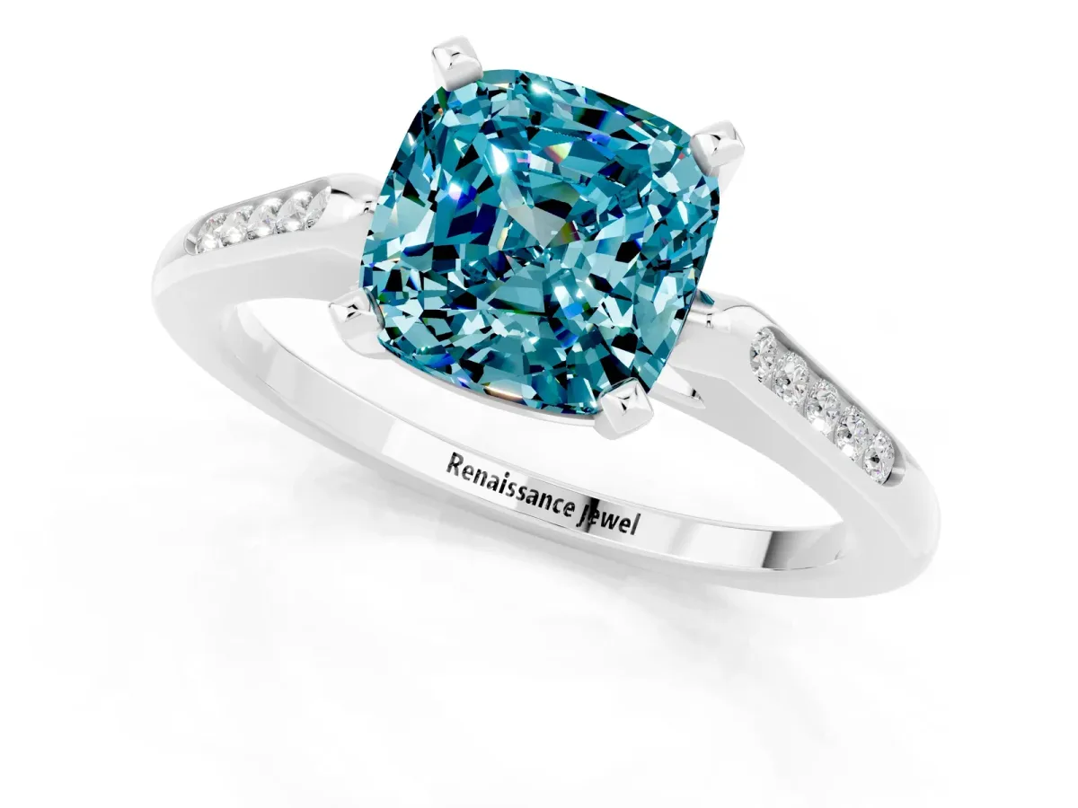 Cushion Cut Blue Topaz Solitaire Ring with Channel Set Round Band and Prong Setting Silver