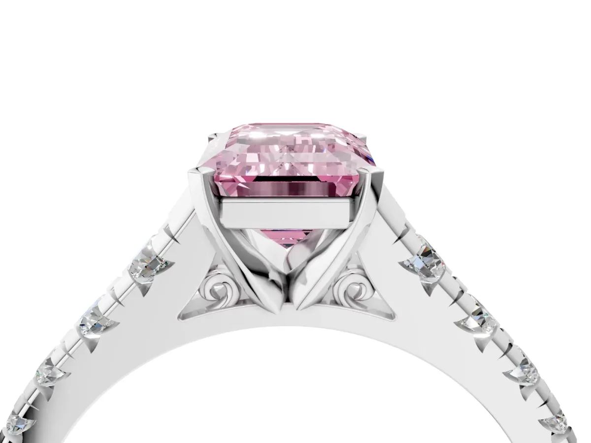 Fancy Pink Emerald Cut Diamond Cathedral Solitaire Ring with Round Pavé Band Platinum