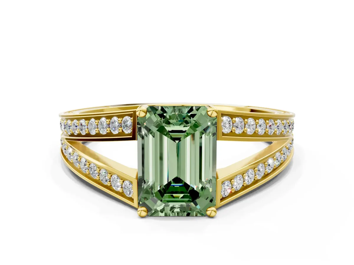Fancy Green Emerald Cut Diamond Split Shank Ring with Pavé Band and Four-Prong Setting Yellow gold