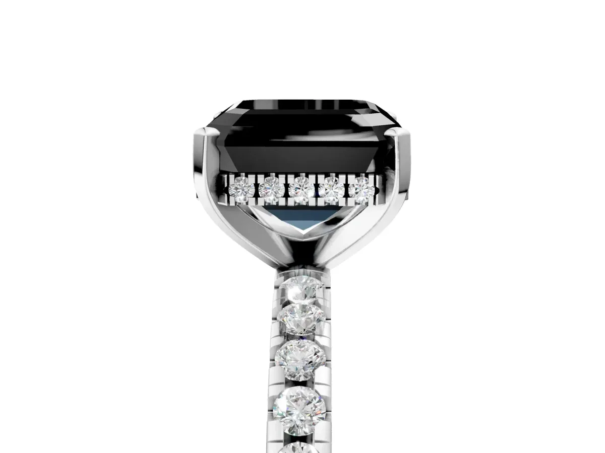 Fancy Black Asscher Cut Diamond Solitaire Ring with Round Pavé Band and Four-Prong Setting Silver