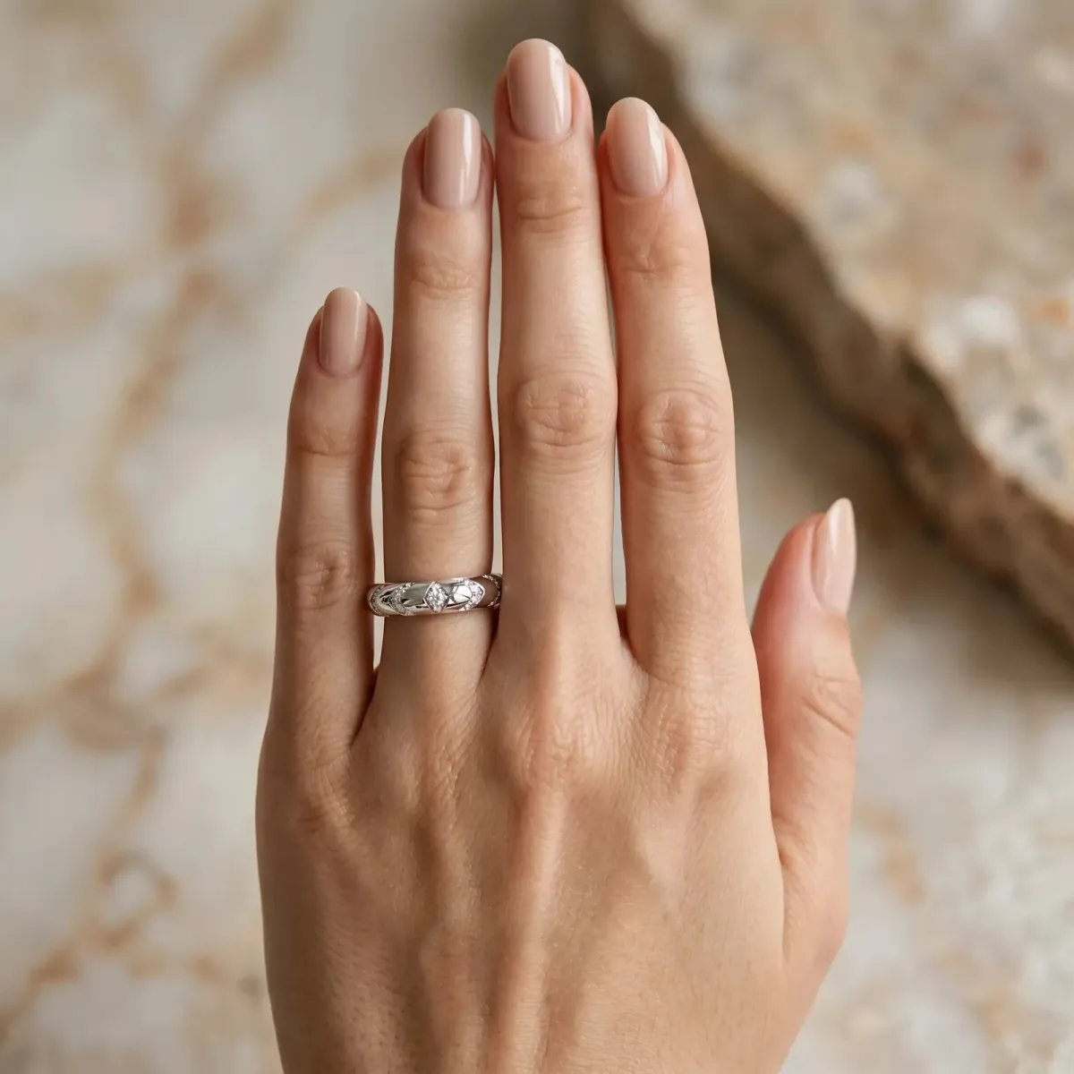 Round Diamond Channel Set Curved Band with Bezel Setting White gold