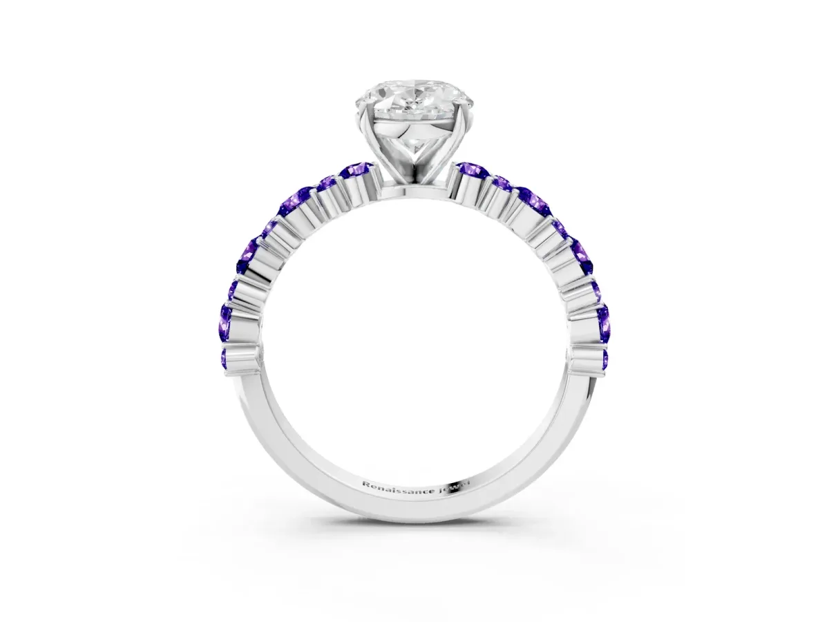 Oval Cut Diamond Side Stone Solitaire Ring with Round Tanzanite and Four-Prong Setting White gold