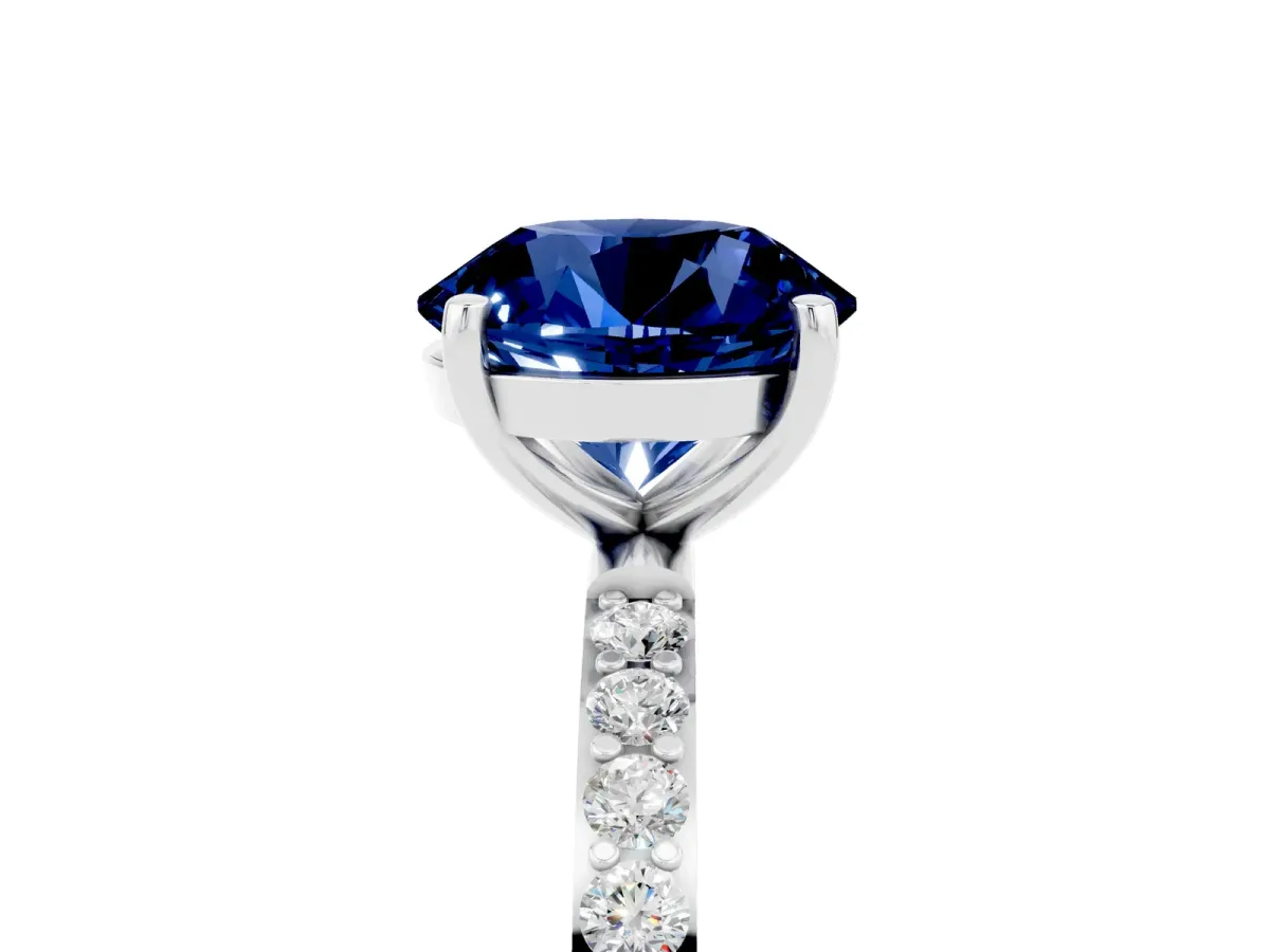 Round Cut Blue Sapphire Solitaire Ring with Round Pavé Band and Prong Setting Silver