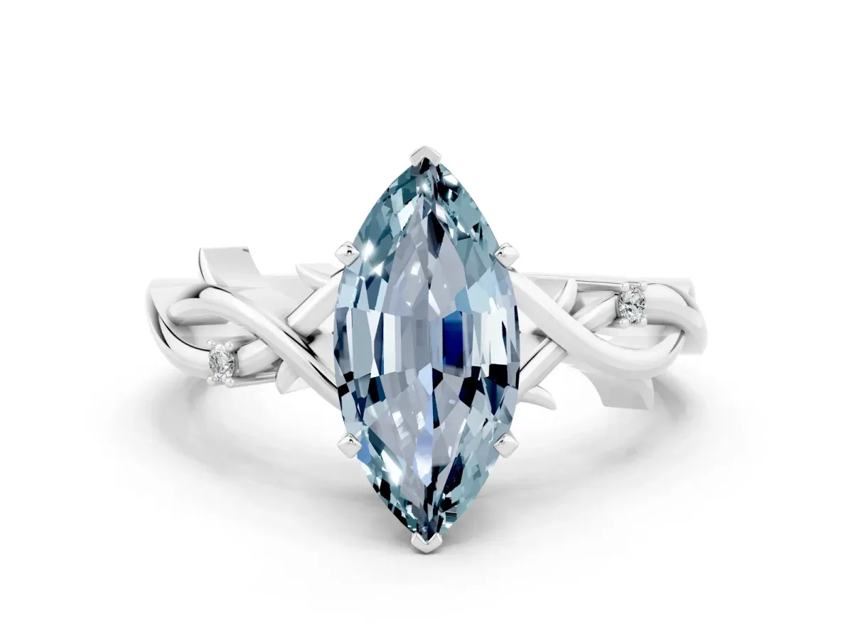 Marquise Cut Aquamarine Solitaire Ring with Twisted Band and Prong Setting Silver