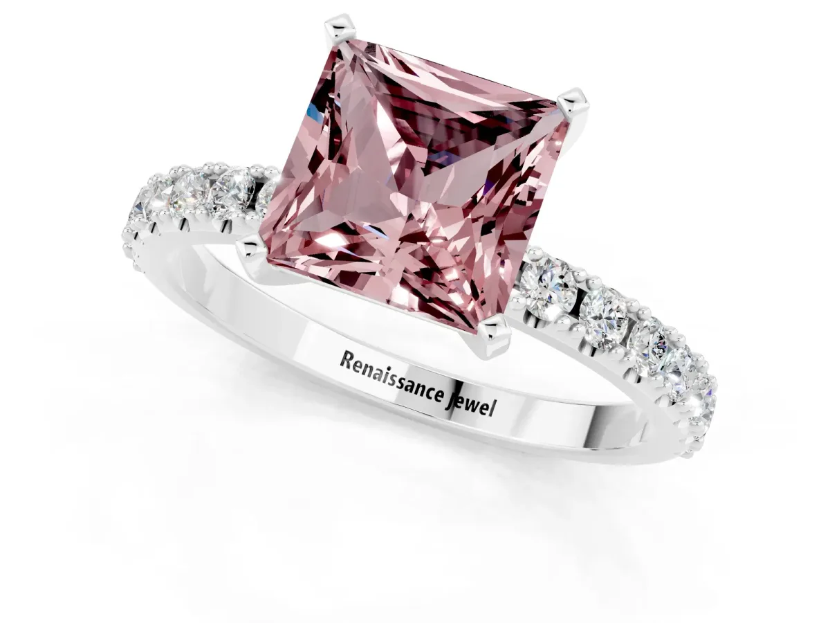 Princess Cut Morganite Solitaire Pavé Band with Four-Prong Setting Silver