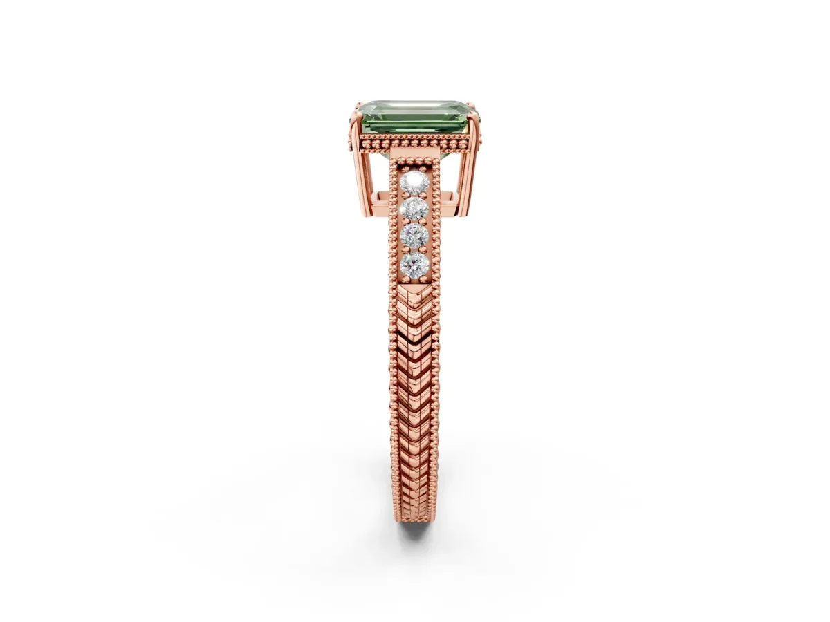 Fancy Green Emerald Cut Cut Diamond Milgrain Pave Band Four-Prong Setting Ring Rose gold
