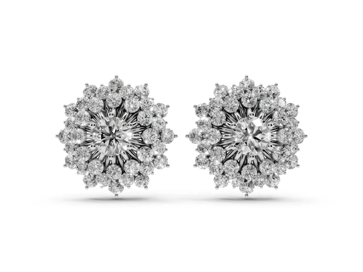 Round Diamond Sunburst Stud Earrings White gold