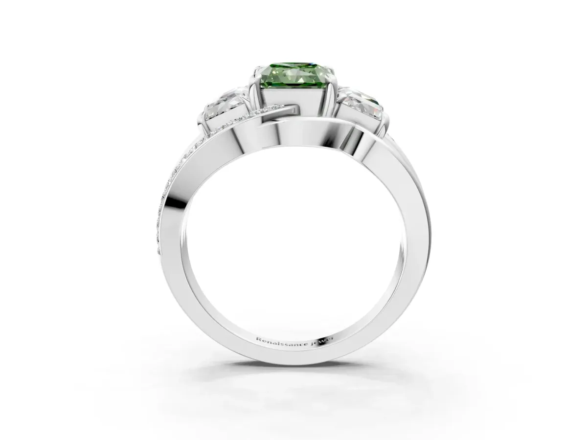 Fancy Green Three-Stone Radiant Cut Cut Diamond Split Shank Prong Set Ring Platinum