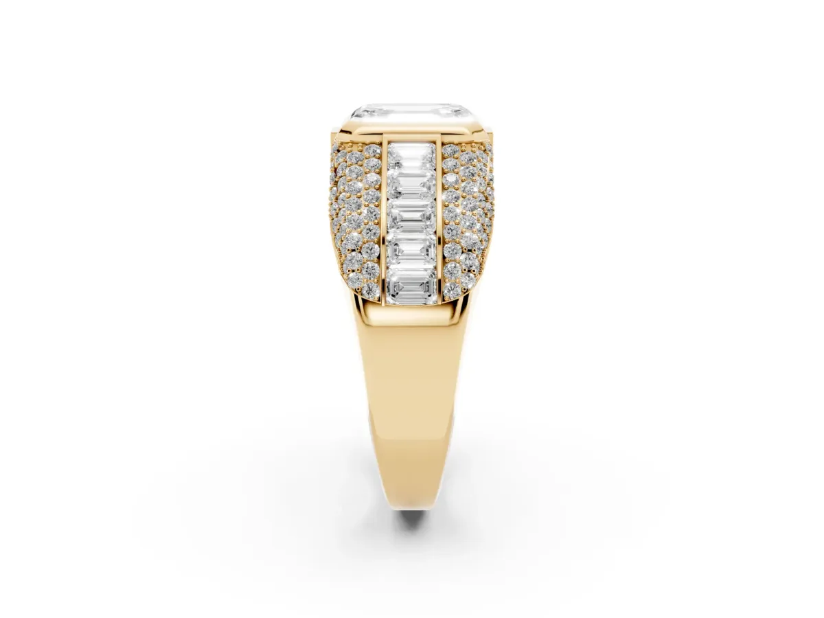 Emerald Cut Diamond Mens Ring with Side Stones Yellow gold