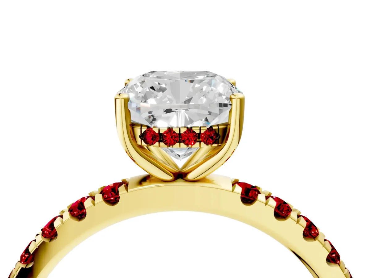 Cushion Cut Diamond Pave Band Solitaire Ring with Round Ruby and Prong Setting Yellow gold