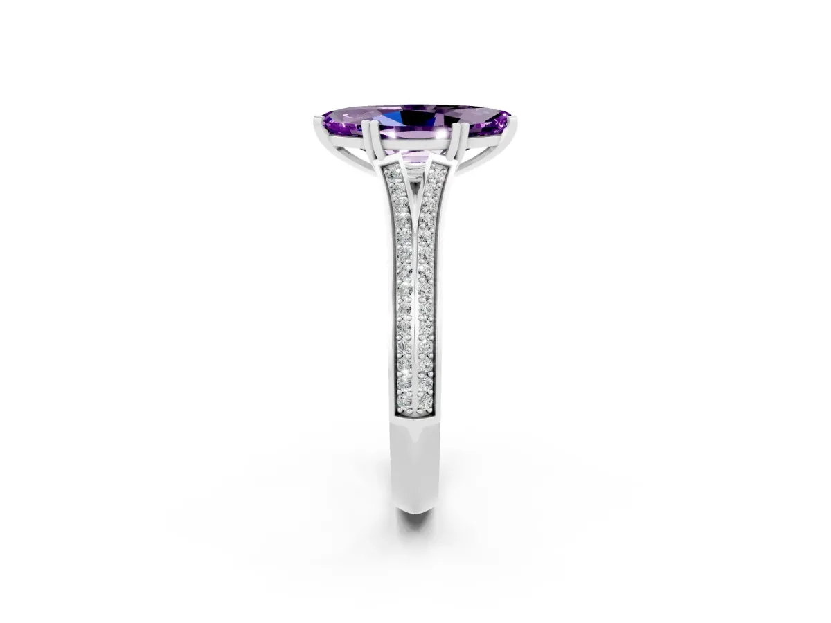 Marquise Cut Amethyst Split Shank Engagement Ring with Pavé Band White gold