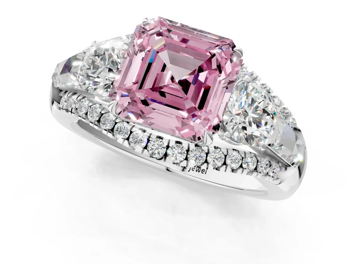 Fancy Pink Three-Stone Asscher Cut Diamond Engagement Ring with Pave Band and Prong Setting Platinum