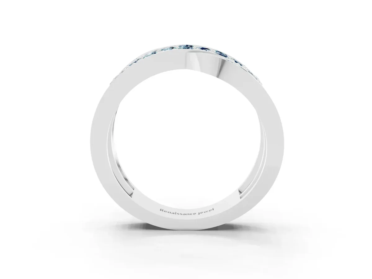 Pavé Round Aquamarine Crossover Band with Bead Prong Setting Platinum