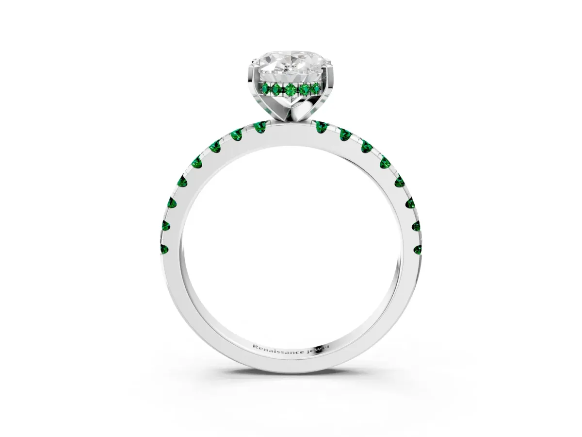 Oval Cut Diamond Solitaire Ring with Round Emerald Pavé Band and Four-Prong Setting Silver